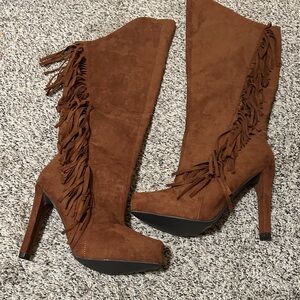 Qupid Tan Fringe Heeled Knee High Boots